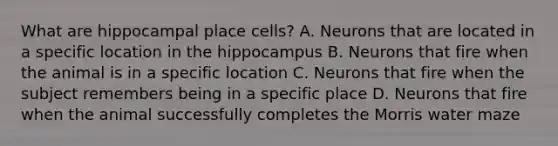 What are hippocampal place cells? A. Neurons that are located in a specific location in the hippocampus B. Neurons that fire when the animal is in a specific location C. Neurons that fire when the subject remembers being in a specific place D. Neurons that fire when the animal successfully completes the Morris water maze