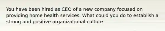 You have been hired as CEO of a new company focused on providing home health services. What could you do to establish a strong and positive organizational culture