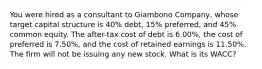 You were hired as a consultant to Giambono Company, whose target capital structure is 40% debt, 15% preferred, and 45% common equity. The after-tax cost of debt is 6.00%, the cost of preferred is 7.50%, and the cost of retained earnings is 11.50%. The firm will not be issuing any new stock. What is its WACC?