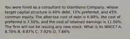 You were hired as a consultant to Giambono Company, whose target capital structure is 40% debt, 15% preferred, and 45% common equity. The after-tax cost of debt is 6.00%, the cost of preferred is 7.50%, and the cost of retained earnings is 11.50%. The firm will not be issuing any new stock. What is its WACC? A. 8.70% B. 8.87% C. 7.92% D. 7.66%