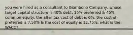 you were hired as a consultant to Giambono Company, whose target capital structure is 40% debt, 15% preferred & 45% common equity. the after tax cost of debt is 6%, the cost of preferred is 7.50% & the cost of equity is 12.75%. what is the WACC?