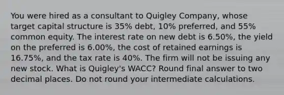 You were hired as a consultant to Quigley Company, whose target capital structure is 35% debt, 10% preferred, and 55% common equity. The interest rate on new debt is 6.50%, the yield on the preferred is 6.00%, the cost of retained earnings is 16.75%, and the tax rate is 40%. The firm will not be issuing any new stock. What is Quigley's WACC? Round final answer to two decimal places. Do not round your intermediate calculations.