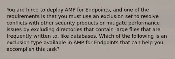 You are hired to deploy AMP for Endpoints, and one of the requirements is that you must use an exclusion set to resolve conflicts with other security products or mitigate performance issues by excluding directories that contain large files that are frequently written to, like databases. Which of the following is an exclusion type available in AMP for Endpoints that can help you accomplish this task?