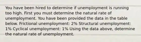 You have been hired to determine if unemployment is running too high. First you must determine the natural rate of unemployment. You have been provided the data in the table below. Frictional unemployment: 2% Structural unemployment: 1% Cyclical unemployment: 1% Using the data above, determine the natural rate of unemployment.