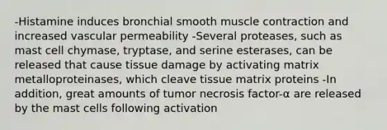 -Histamine induces bronchial smooth muscle contraction and increased vascular permeability -Several proteases, such as mast cell chymase, tryptase, and serine esterases, can be released that cause tissue damage by activating matrix metalloproteinases, which cleave tissue matrix proteins -In addition, great amounts of tumor necrosis factor-α are released by the mast cells following activation