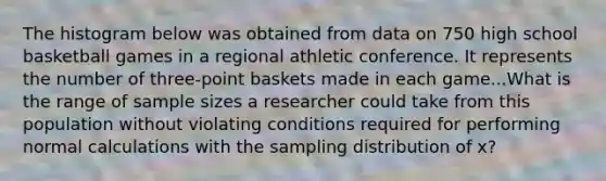 The histogram below was obtained from data on 750 high school basketball games in a regional athletic conference. It represents the number of three-point baskets made in each game...What is the range of sample sizes a researcher could take from this population without violating conditions required for performing normal calculations with the sampling distribution of x?