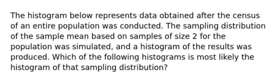 The histogram below represents data obtained after the census of an entire population was conducted. The sampling distribution of the sample mean based on samples of size 2 for the population was simulated, and a histogram of the results was produced. Which of the following histograms is most likely the histogram of that sampling distribution?