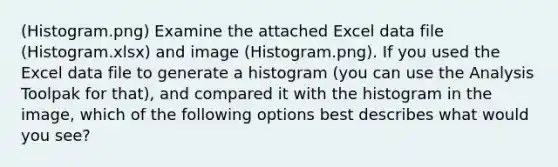 (Histogram.png) Examine the attached Excel data file (Histogram.xlsx) and image (Histogram.png). If you used the Excel data file to generate a histogram (you can use the Analysis Toolpak for that), and compared it with the histogram in the image, which of the following options best describes what would you see?