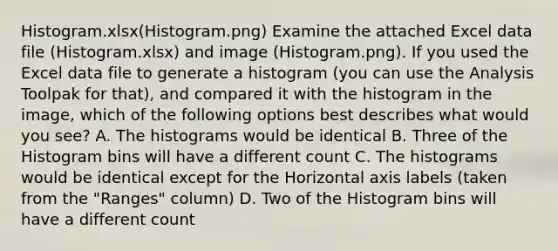 Histogram.xlsx(Histogram.png) Examine the attached Excel data file (Histogram.xlsx) and image (Histogram.png). If you used the Excel data file to generate a histogram (you can use the Analysis Toolpak for that), and compared it with the histogram in the image, which of the following options best describes what would you see? A. The histograms would be identical B. Three of the Histogram bins will have a different count C. The histograms would be identical except for the Horizontal axis labels (taken from the "Ranges" column) D. Two of the Histogram bins will have a different count