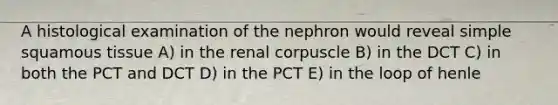 A histological examination of the nephron would reveal simple squamous tissue A) in the renal corpuscle B) in the DCT C) in both the PCT and DCT D) in the PCT E) in the loop of henle