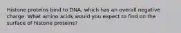 Histone proteins bind to DNA, which has an overall negative charge. What amino acids would you expect to find on the surface of histone proteins?