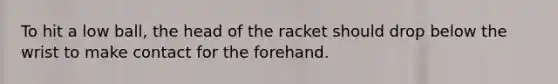 To hit a low ball, the head of the racket should drop below the wrist to make contact for the forehand.