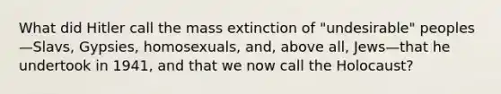 What did Hitler call the mass extinction of "undesirable" peoples—Slavs, Gypsies, homosexuals, and, above all, Jews—that he undertook in 1941, and that we now call the Holocaust?