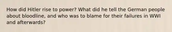 How did Hitler rise to power? What did he tell the German people about bloodline, and who was to blame for their failures in WWI and afterwards?