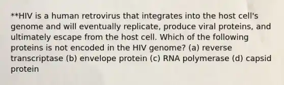 **HIV is a human retrovirus that integrates into the host cell's genome and will eventually replicate, produce viral proteins, and ultimately escape from the host cell. Which of the following proteins is not encoded in the HIV genome? (a) reverse transcriptase (b) envelope protein (c) RNA polymerase (d) capsid protein