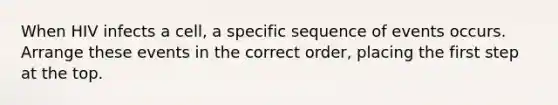 When HIV infects a cell, a specific sequence of events occurs. Arrange these events in the correct order, placing the first step at the top.