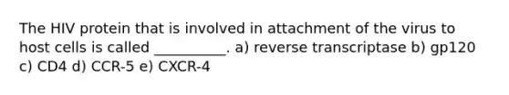 The HIV protein that is involved in attachment of the virus to host cells is called __________. a) reverse transcriptase b) gp120 c) CD4 d) CCR-5 e) CXCR-4