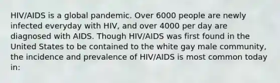 HIV/AIDS is a global pandemic. Over 6000 people are newly infected everyday with HIV, and over 4000 per day are diagnosed with AIDS. Though HIV/AIDS was first found in the United States to be contained to the white gay male community, the incidence and prevalence of HIV/AIDS is most common today in: