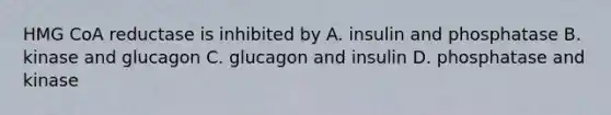 HMG CoA reductase is inhibited by A. insulin and phosphatase B. kinase and glucagon C. glucagon and insulin D. phosphatase and kinase