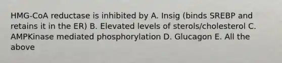 HMG-CoA reductase is inhibited by A. Insig (binds SREBP and retains it in the ER) B. Elevated levels of sterols/cholesterol C. AMPKinase mediated phosphorylation D. Glucagon E. All the above