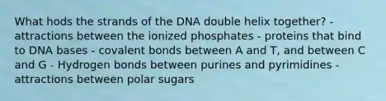 What hods the strands of the DNA double helix together? - attractions between the ionized phosphates - proteins that bind to DNA bases - covalent bonds between A and T, and between C and G - Hydrogen bonds between purines and pyrimidines - attractions between polar sugars