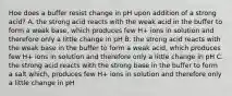 Hoe does a buffer resist change in pH upon addition of a strong acid? A. the strong acid reacts with the weak acid in the buffer to form a weak base, which produces few H+ ions in solution and therefore only a little change in pH B. the strong acid reacts with the weak base in the buffer to form a weak acid, which produces few H+ ions in solution and therefore only a little change in pH C. the strong acid reacts with the strong base in the buffer to form a salt which, produces few H+ ions in solution and therefore only a little change in pH