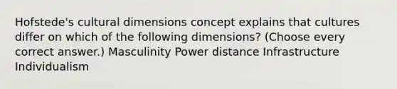 Hofstede's cultural dimensions concept explains that cultures differ on which of the following dimensions? (Choose every correct answer.) Masculinity Power distance Infrastructure Individualism