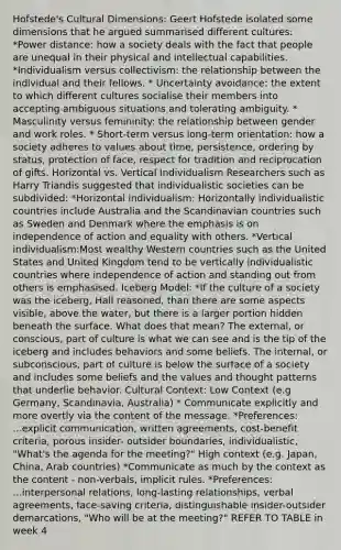 Hofstede's Cultural Dimensions: Geert Hofstede isolated some dimensions that he argued summarised different cultures: *Power distance: how a society deals with the fact that people are unequal in their physical and intellectual capabilities. *Individualism versus collectivism: the relationship between the individual and their fellows. * Uncertainty avoidance: the extent to which different cultures socialise their members into accepting ambiguous situations and tolerating ambiguity. * Masculinity versus femininity: the relationship between gender and work roles. * Short-term versus long-term orientation: how a society adheres to values about time, persistence, ordering by status, protection of face, respect for tradition and reciprocation of gifts. Horizontal vs. Vertical Individualism Researchers such as Harry Triandis suggested that individualistic societies can be subdivided: *Horizontal individualism: Horizontally individualistic countries include Australia and the Scandinavian countries such as Sweden and Denmark where the emphasis is on independence of action and equality with others. *Vertical individualism:Most wealthy Western countries such as the United States and United Kingdom tend to be vertically individualistic countries where independence of action and standing out from others is emphasised. Iceberg Model: *If the culture of a society was the iceberg, Hall reasoned, than there are some aspects visible, above the water, but there is a larger portion hidden beneath the surface. What does that mean? The external, or conscious, part of culture is what we can see and is the tip of the iceberg and includes behaviors and some beliefs. The internal, or subconscious, part of culture is below the surface of a society and includes some beliefs and the values and thought patterns that underlie behavior. Cultural Context: Low Context (e.g Germany, Scandinavia, Australia) * Communicate explicitly and more overtly via the content of the message. *Preferences: ...explicit communication, written agreements, cost-benefit criteria, porous insider- outsider boundaries, individualistic, "What's the agenda for the meeting?" High context (e.g. Japan, China, Arab countries) *Communicate as much by the context as the content - non-verbals, implicit rules. *Preferences: ...interpersonal relations, long-lasting relationships, verbal agreements, face-saving criteria, distinguishable insider-outsider demarcations, "Who will be at the meeting?" REFER TO TABLE in week 4