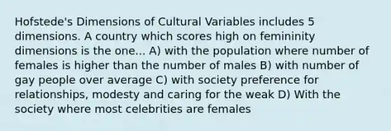 Hofstede's Dimensions of Cultural Variables includes 5 dimensions. A country which scores high on femininity dimensions is the one... A) with the population where number of females is higher than the number of males B) with number of gay people over average C) with society preference for relationships, modesty and caring for the weak D) With the society where most celebrities are females