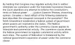 By holding that Congress may regulate activity that is neither interstate nor commerce under the Interstate Commerce Clause, the Court abandons any attempt to enforce the Constitution's limits on federal power . . . —Justice Clarence Thomas, dissenting opinion, Gonzales v. Raich Which of the following statements best describes the viewpoint conveyed in the quotation? -The Tenth Amendment established a federal system of government where powers are reserved to the states. -The federal government's authority under the commerce clause applies to interstate and commercial activity. -The commerce clause allows the federal government to regulate commercial activity within each state. -The system of federalism is threatened by the national government's expansion of power under the commerce clause.