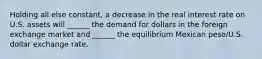 Holding all else constant, a decrease in the real interest rate on U.S. assets will ______ the demand for dollars in the foreign exchange market and ______ the equilibrium Mexican peso/U.S. dollar exchange rate.