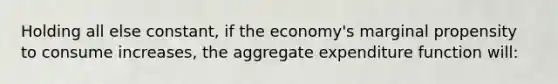 Holding all else constant, if the economy's marginal propensity to consume increases, the aggregate expenditure function will: