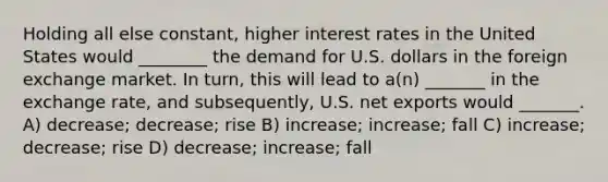 Holding all else constant, higher interest rates in the United States would ________ the demand for U.S. dollars in the foreign exchange market. In turn, this will lead to a(n) _______ in the exchange rate, and subsequently, U.S. net exports would _______. A) decrease; decrease; rise B) increase; increase; fall C) increase; decrease; rise D) decrease; increase; fall