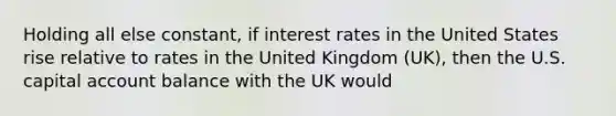 Holding all else constant, if interest rates in the United States rise relative to rates in the United Kingdom (UK), then the U.S. capital account balance with the UK would