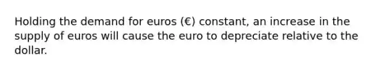 Holding the demand for euros (€) constant, an increase in the supply of euros will cause the euro to depreciate relative to the dollar.