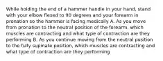 While holding the end of a hammer handle in your hand, stand with your elbow flexed to 90 degrees and your forearm in pronation so the hammer is facing medically A. As you move from pronation to the neutral position of the forearm, which muscles are contracting and what type of contraction are they performing B. As you continue moving from the neutral position to the fully supinate position, which muscles are contracting and what type of contraction are they performing