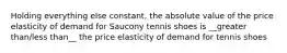 Holding everything else constant, the absolute value of the price elasticity of demand for Saucony tennis shoes is __greater than/less than__ the price elasticity of demand for tennis shoes