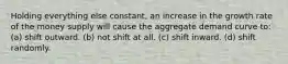 Holding everything else constant, an increase in the growth rate of the money supply will cause the aggregate demand curve to: (a) shift outward. (b) not shift at all. (c) shift inward. (d) shift randomly.