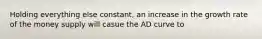 Holding everything else constant, an increase in the growth rate of the money supply will casue the AD curve to