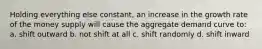 Holding everything else constant, an increase in the growth rate of the money supply will cause the aggregate demand curve to: a. shift outward b. not shift at all c. shift randomly d. shift inward