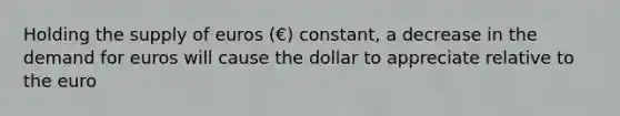 Holding the supply of euros (€) constant, a decrease in the demand for euros will cause the dollar to appreciate relative to the euro