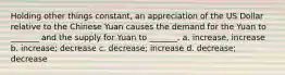 Holding other things constant, an appreciation of the US Dollar relative to the Chinese Yuan causes the demand for the Yuan to _______ and the supply for Yuan to _______. a. increase, increase b. increase; decrease c. decrease; increase d. decrease; decrease