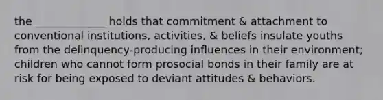 the _____________ holds that commitment & attachment to conventional institutions, activities, & beliefs insulate youths from the delinquency-producing influences in their environment; children who cannot form prosocial bonds in their family are at risk for being exposed to deviant attitudes & behaviors.