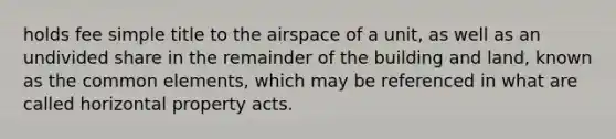 holds fee simple title to the airspace of a unit, as well as an undivided share in the remainder of the building and land, known as the common elements, which may be referenced in what are called horizontal property acts.