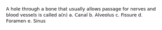 A hole through a bone that usually allows passage for nerves and blood vessels is called a(n) a. Canal b. Alveolus c. Fissure d. Foramen e. Sinus