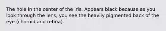 The hole in the center of the iris. Appears black because as you look through the lens, you see the heavily pigmented back of the eye (choroid and retina).