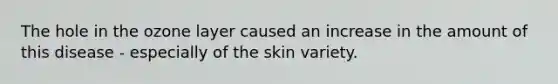 The hole in the ozone layer caused an increase in the amount of this disease - especially of the skin variety.