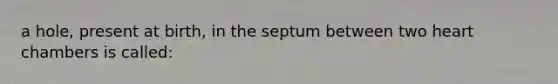 a hole, present at birth, in the septum between two heart chambers is called: