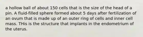 a hollow ball of about 150 cells that is the size of the head of a pin. A fluid-filled sphere formed about 5 days after fertilization of an ovum that is made up of an outer ring of cells and inner cell mass. THis is the structure that implants in the endometrium of the uterus.