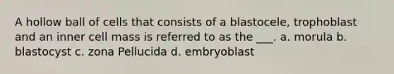 A hollow ball of cells that consists of a blastocele, trophoblast and an inner cell mass is referred to as the ___. a. morula b. blastocyst c. zona Pellucida d. embryoblast